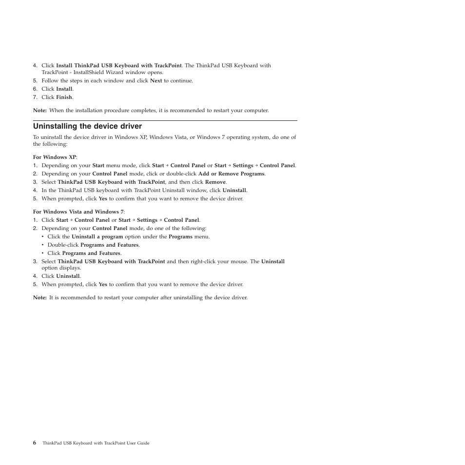 Uninstalling the device driver | Lenovo SK-8855 User Manual | Page 12 / 44
