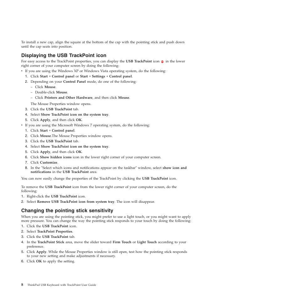 Displaying the usb trackpoint icon, Changing the pointing stick sensitivity | Lenovo SK-8855 User Manual | Page 14 / 44