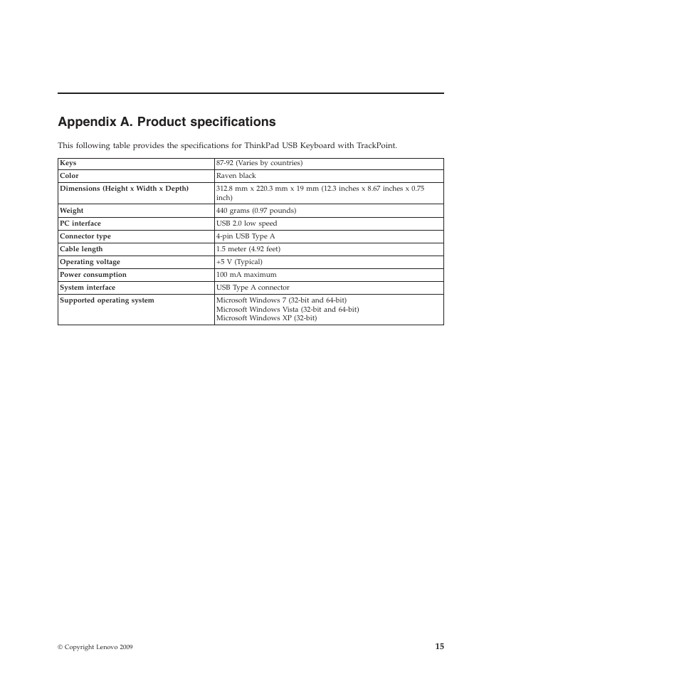 Appendix a. product specifications | Lenovo SK-8855 User Manual | Page 21 / 44