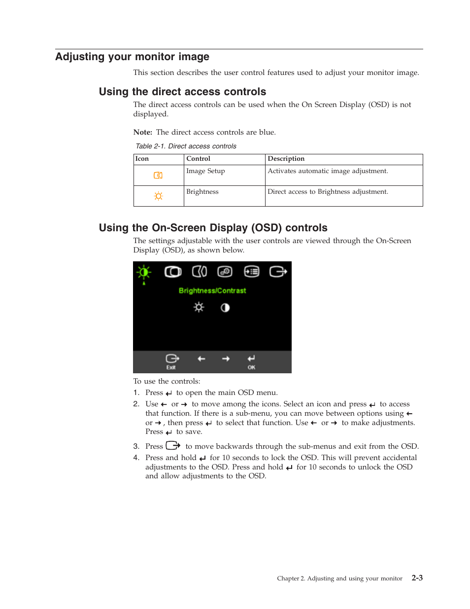 Adjusting your monitor image, Using the direct access controls, Using the on-screen display (osd) controls | Adjusting, Your, Monitor, Image, Using, Direct, Access | Lenovo L191 User Manual | Page 12 / 29