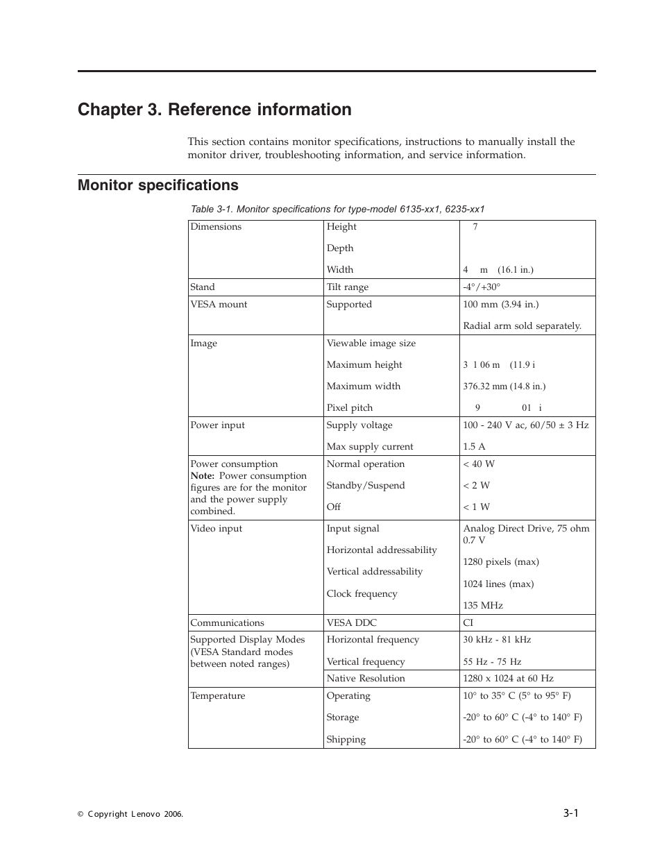 Chapter 3. reference information, Monitor specifications, Chapter | Reference, Information, Monitor, Specifications | Lenovo L191 User Manual | Page 17 / 29