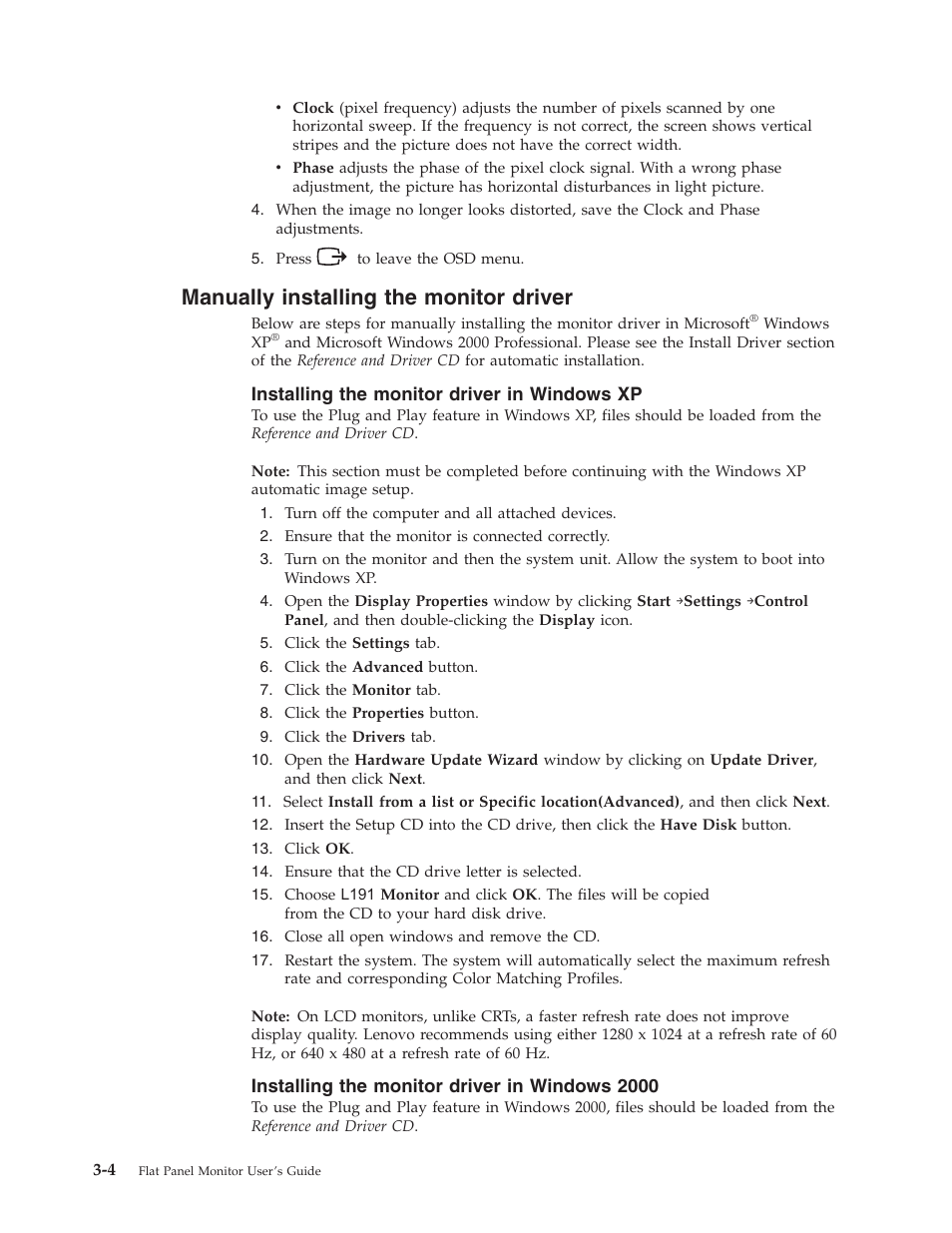 Manually installing the monitor driver, Installing the monitor driver in windows xp, Installing the monitor driver in windows 2000 | Manually, Installing, Monitor, Driver | Lenovo L191 User Manual | Page 20 / 29