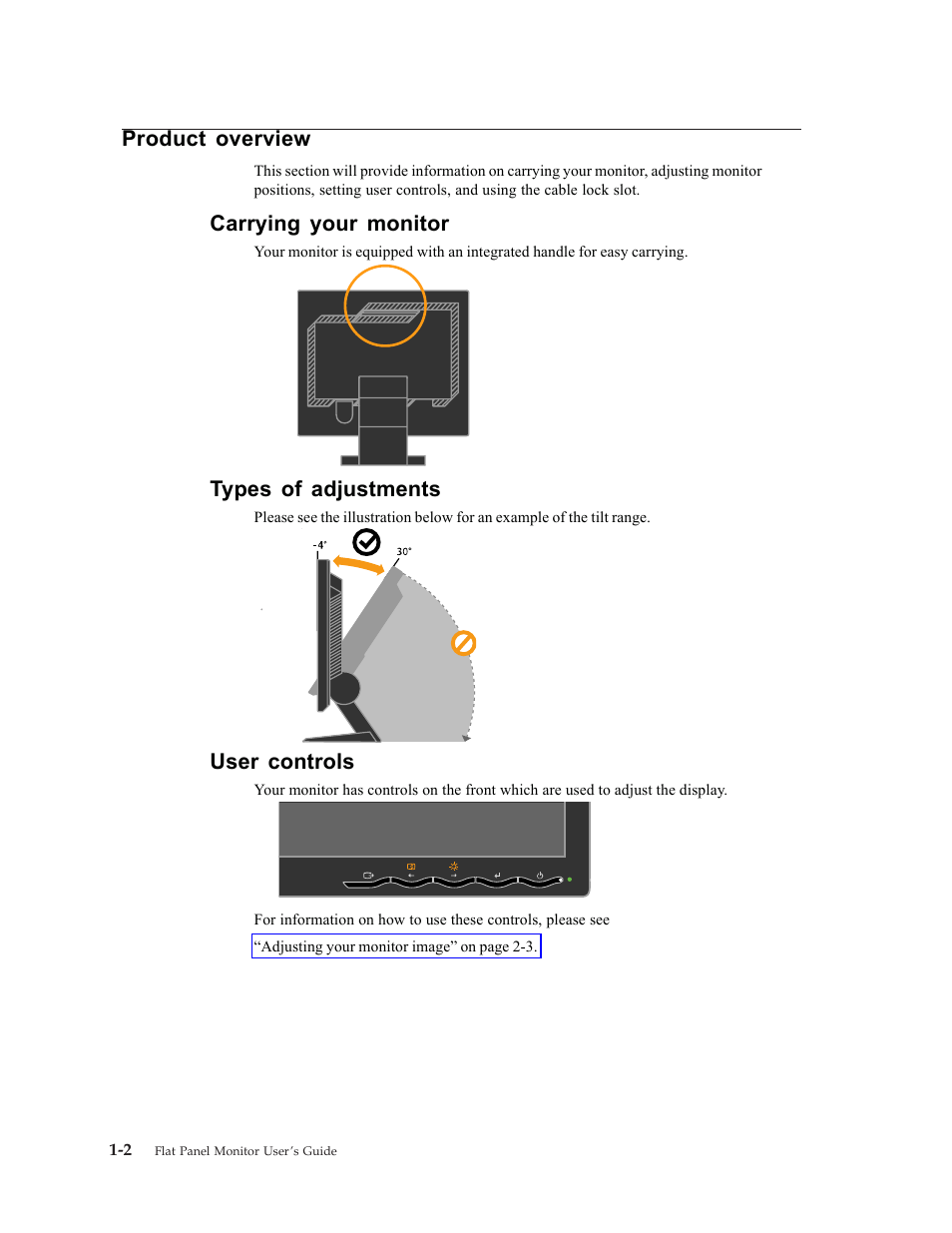 Product overview, Types of adjustments, User controls | Product, Overview, Types, Adjustments, User, Controls, Arrying your monitor | Lenovo L191 User Manual | Page 6 / 29