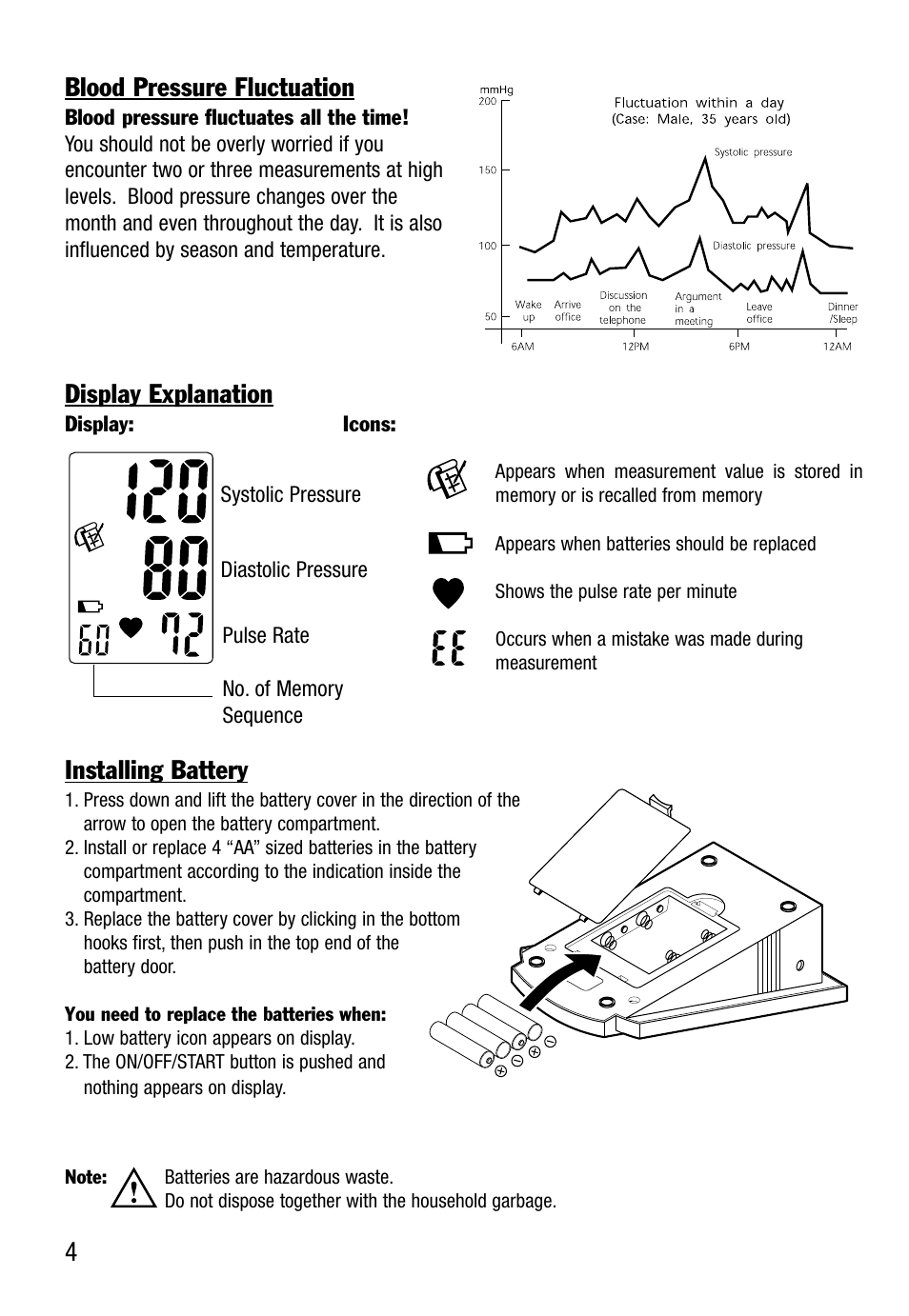 4blood pressure fluctuation, Display explanation, Installing battery | Lumiscope 1130 User Manual | Page 4 / 9