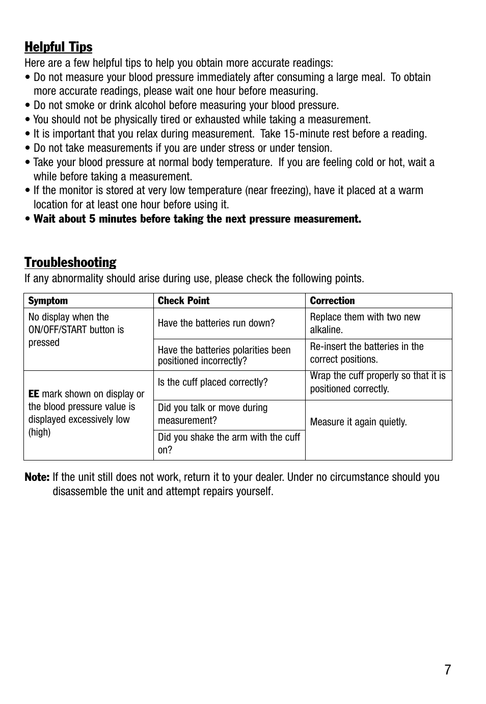 7helpful tips, Troubleshooting | Lumiscope 1130 User Manual | Page 7 / 9