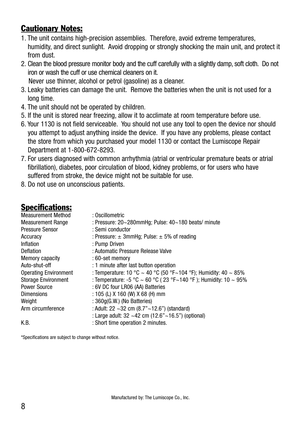 8specifications | Lumiscope 1130 User Manual | Page 8 / 9