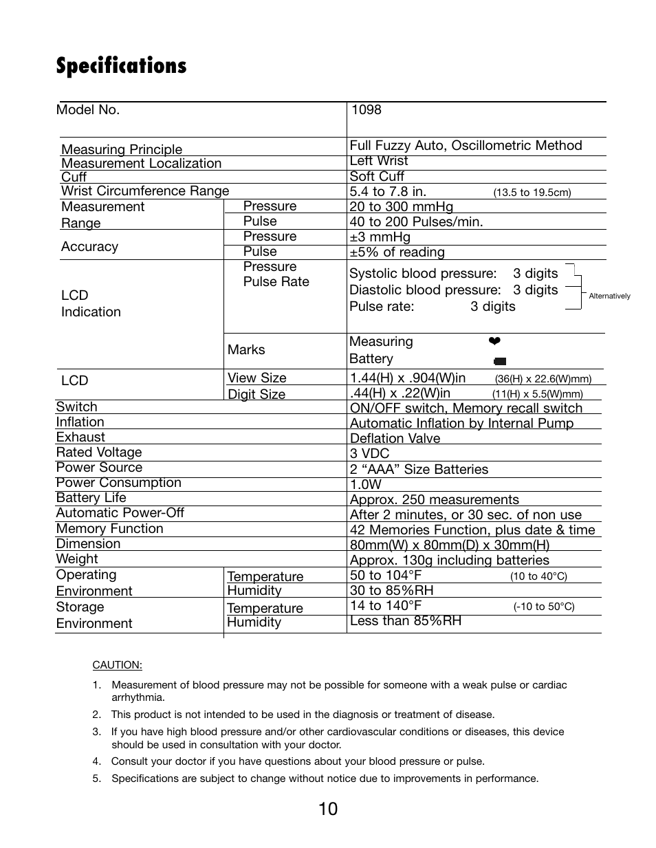 Specifications | Lumiscope 1098 User Manual | Page 10 / 11