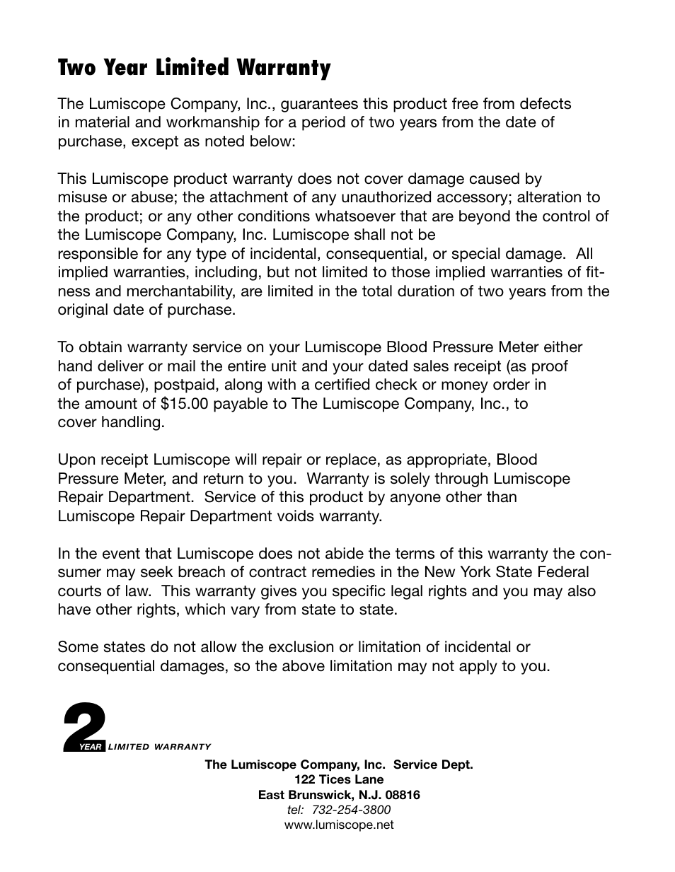 Two year limited warranty | Lumiscope 1098 User Manual | Page 11 / 11