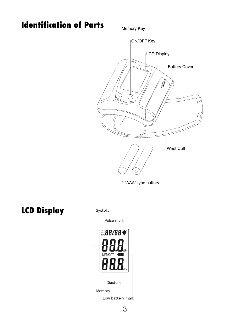 Identification of parts, Lcd display | Lumiscope 1098 User Manual | Page 3 / 11