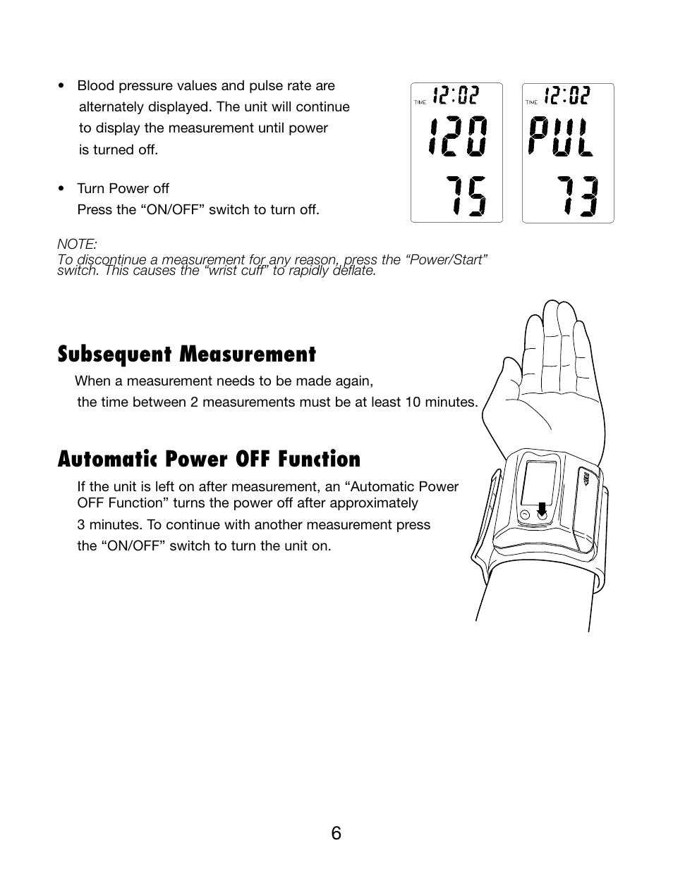 Subsequent measurement, Automatic power off function | Lumiscope 1098 User Manual | Page 6 / 11
