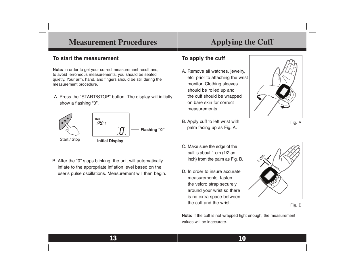 Applying the cuff, Measurement procedures | Lumiscope 1143 User Manual | Page 11 / 12