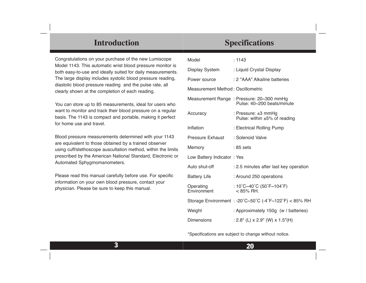 Introduction, Specifications | Lumiscope 1143 User Manual | Page 4 / 12