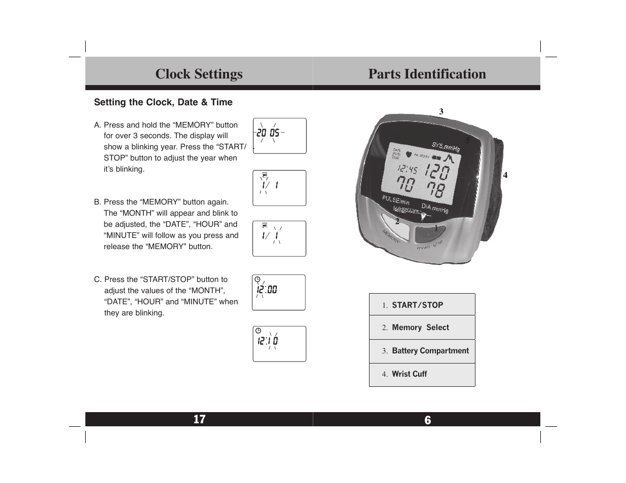 Parts identification, Clock settings | Lumiscope 1143 User Manual | Page 7 / 12