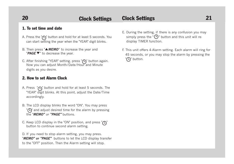 20 21 clock settings, Clock settings | Lumiscope 1134 User Manual | Page 12 / 14