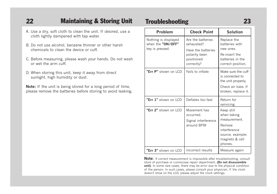 Maintaining & storing unit troubleshooting | Lumiscope 1134 User Manual | Page 13 / 14