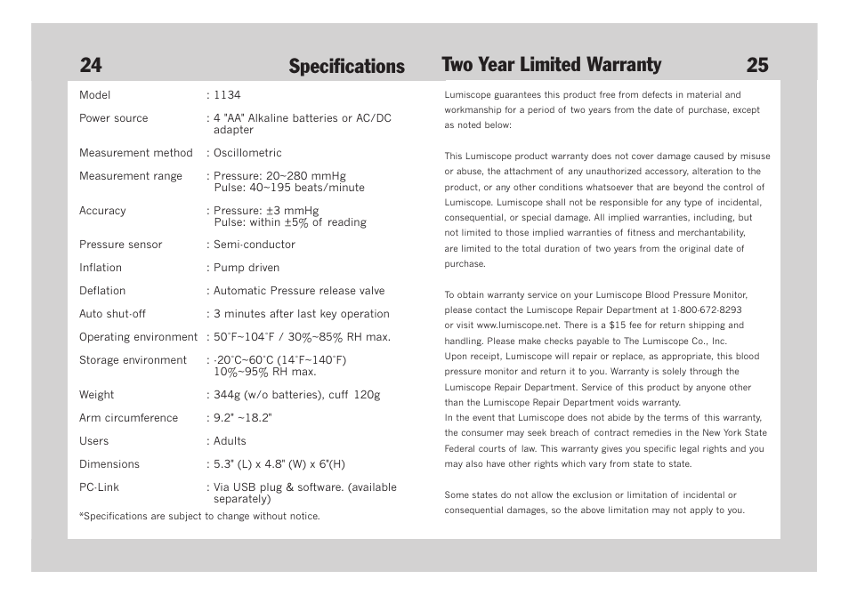 Specifications two year limited warranty | Lumiscope 1134 User Manual | Page 14 / 14