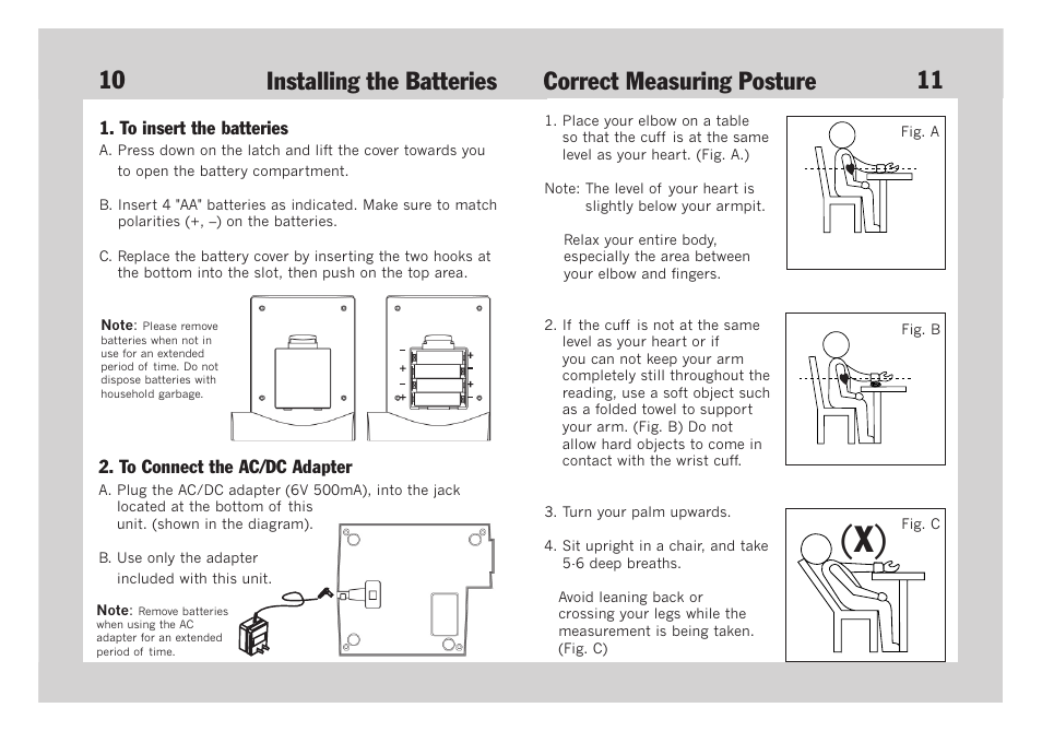 10 11 installing the batteries, Correct measuring posture | Lumiscope 1134 User Manual | Page 7 / 14