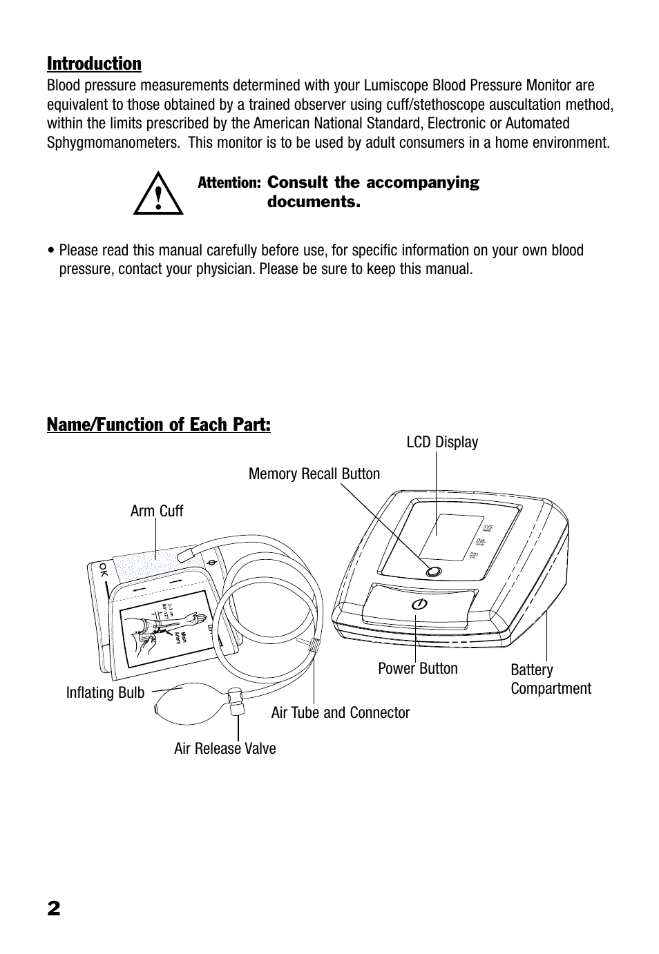 2introduction, Name/function of each part | Lumiscope 1100 User Manual | Page 2 / 9