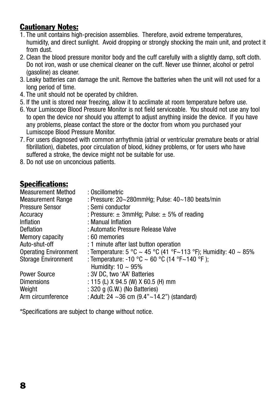 8specifications | Lumiscope 1100 User Manual | Page 8 / 9