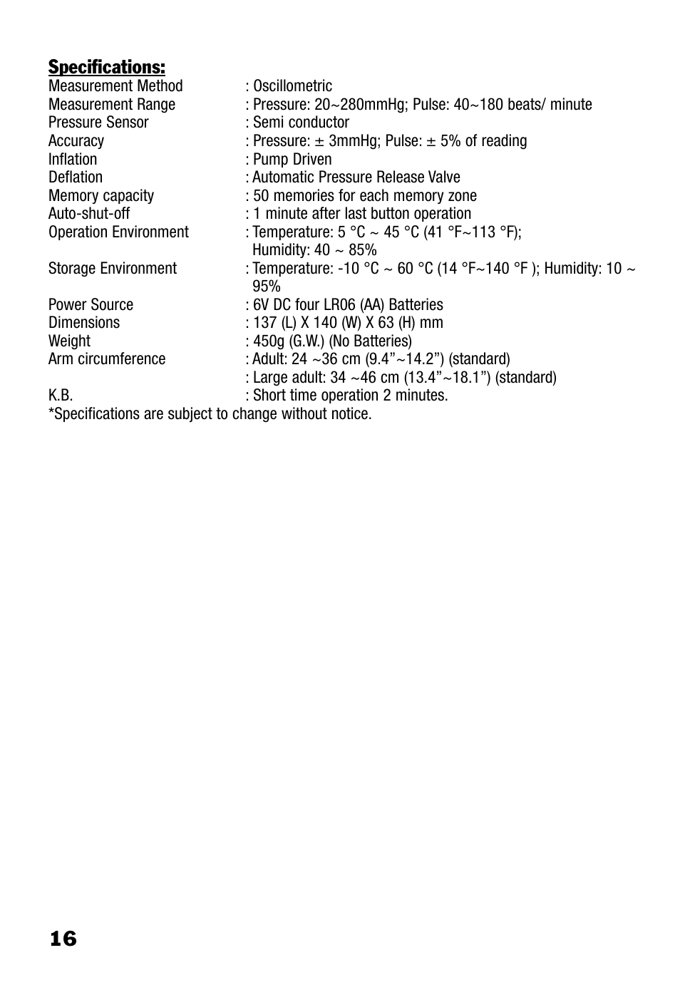 16 specifications | Lumiscope 1131 User Manual | Page 16 / 17