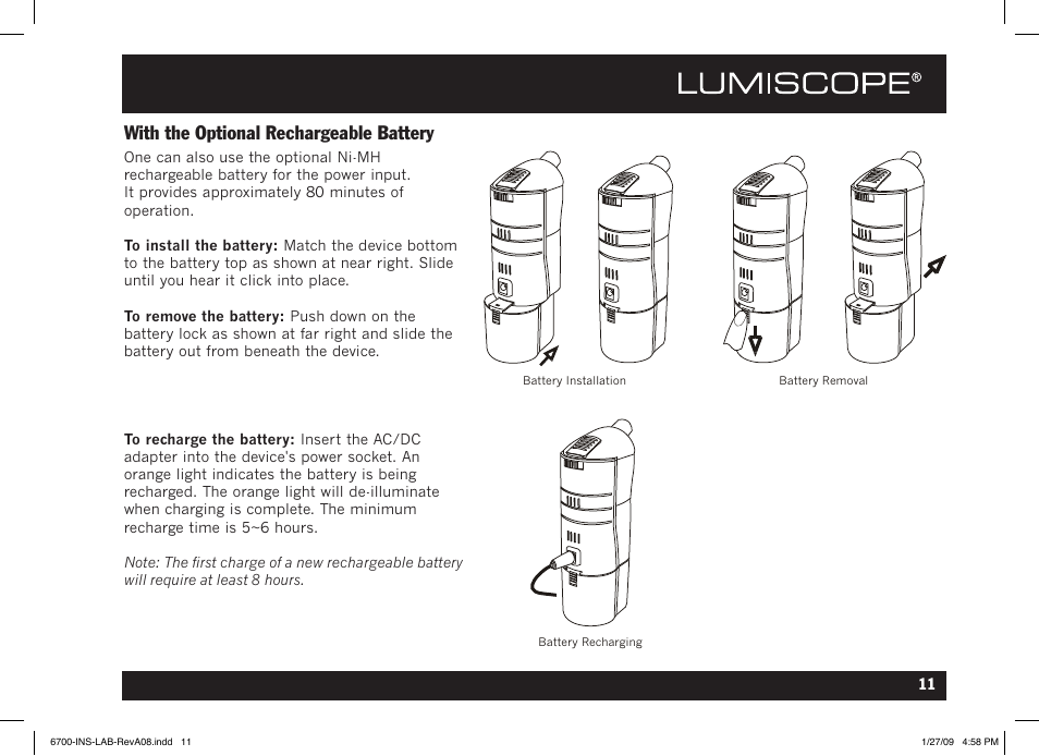 With the optional rechargeable battery | Lumiscope 6700 User Manual | Page 11 / 36