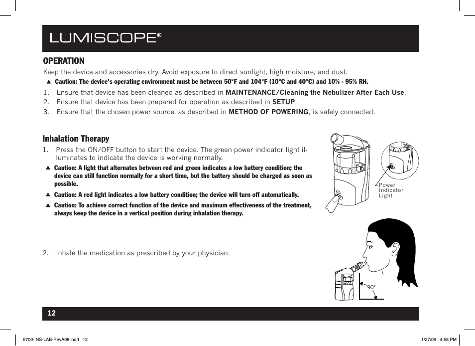 Operation, Inhalation therapy | Lumiscope 6700 User Manual | Page 12 / 36