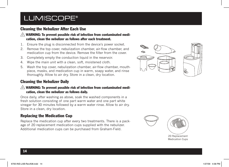 Cleaning the nebulizer after each use, Cleaning the nebulizer daily, Replacing the medication cup | Lumiscope 6700 User Manual | Page 14 / 36