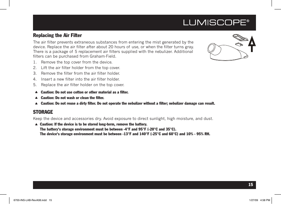 Replacing the air filter, Storage | Lumiscope 6700 User Manual | Page 15 / 36