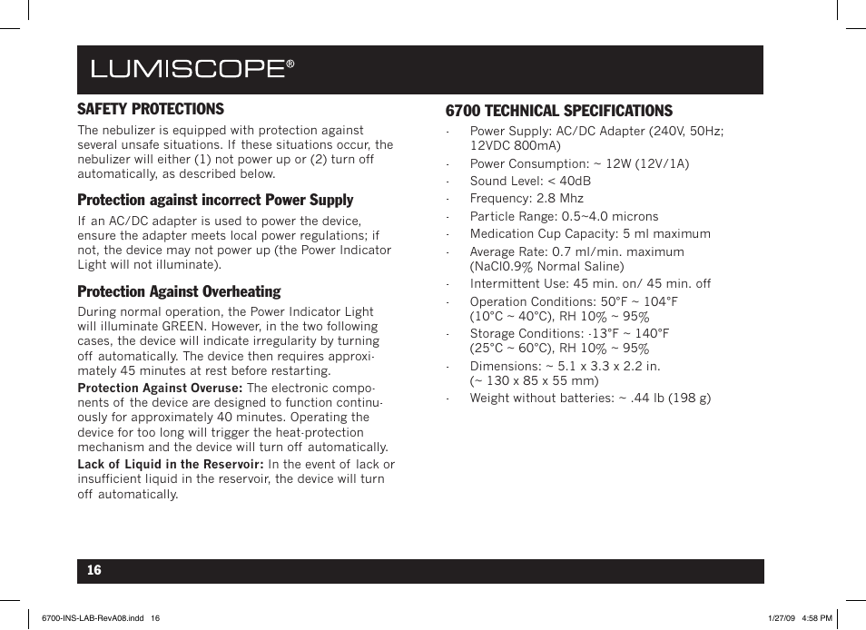 Safety protections, Protection against incorrect power supply, Protection against overheating | 6700 technical specifications | Lumiscope 6700 User Manual | Page 16 / 36