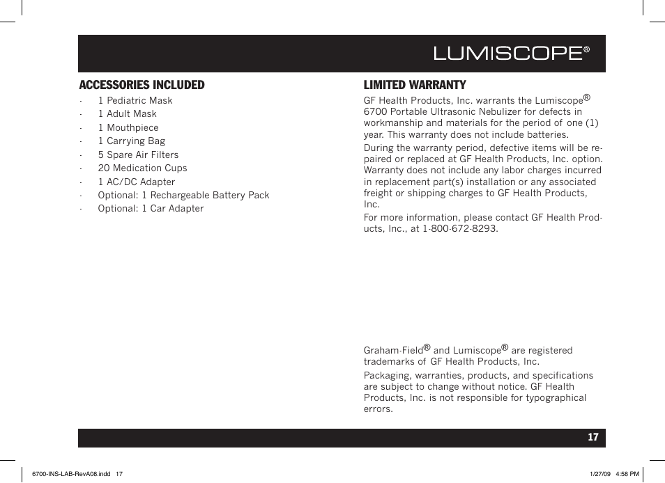 Accessories included, Limited warranty | Lumiscope 6700 User Manual | Page 17 / 36