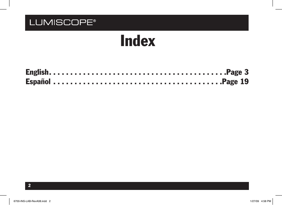 Index | Lumiscope 6700 User Manual | Page 2 / 36