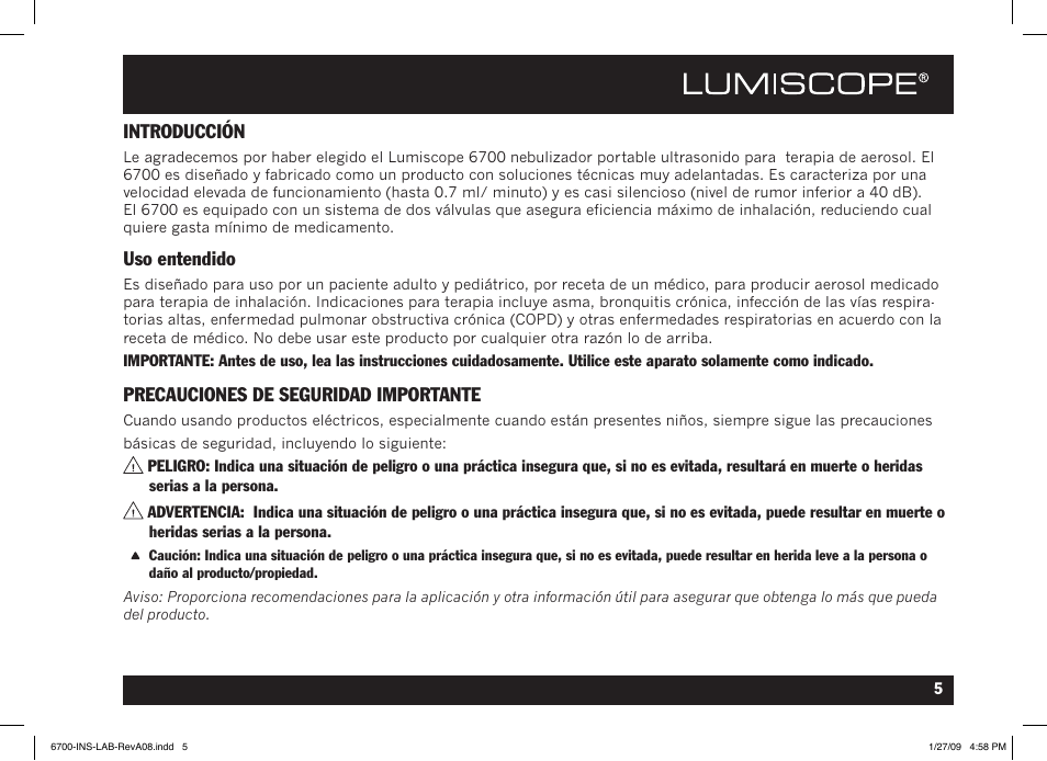 Introducción, Uso entendido, Precauciones de seguridad importante | Lumiscope 6700 User Manual | Page 23 / 36