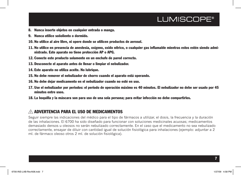 Advertencia para el uso de medicamentos | Lumiscope 6700 User Manual | Page 25 / 36