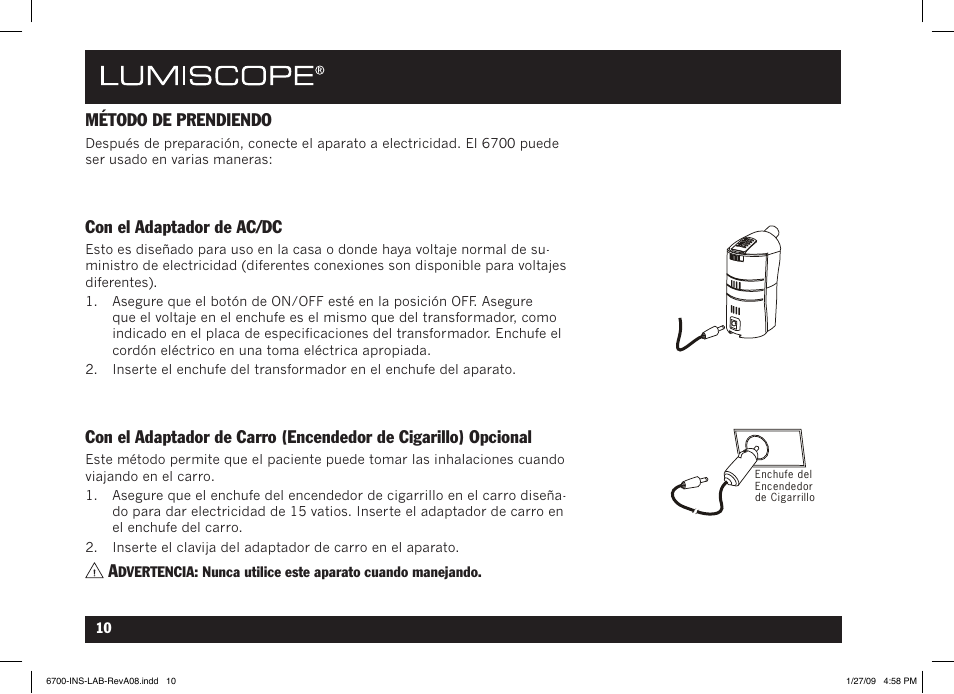 Método de prendiendo, Con el adaptador de ac/dc | Lumiscope 6700 User Manual | Page 28 / 36