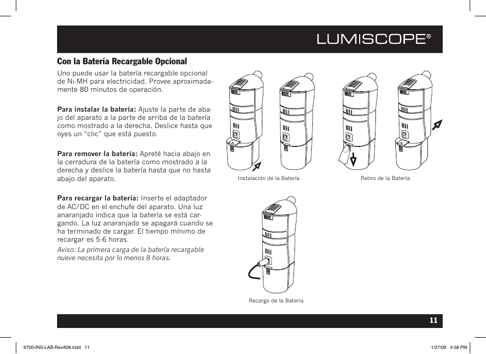 Con la batería recargable opcional | Lumiscope 6700 User Manual | Page 29 / 36