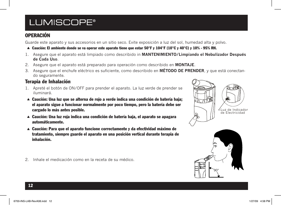 Operación, Terapia de inhalación | Lumiscope 6700 User Manual | Page 30 / 36