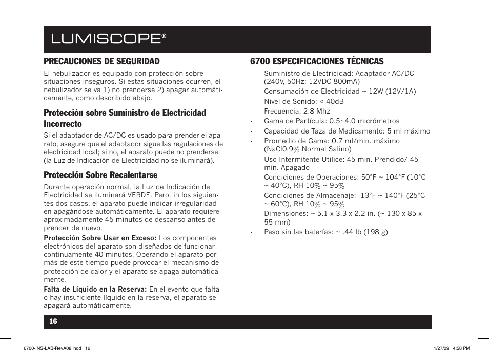 Precauciones de seguridad, Protección sobre recalentarse, 6700 especificaciones técnicas | Lumiscope 6700 User Manual | Page 34 / 36