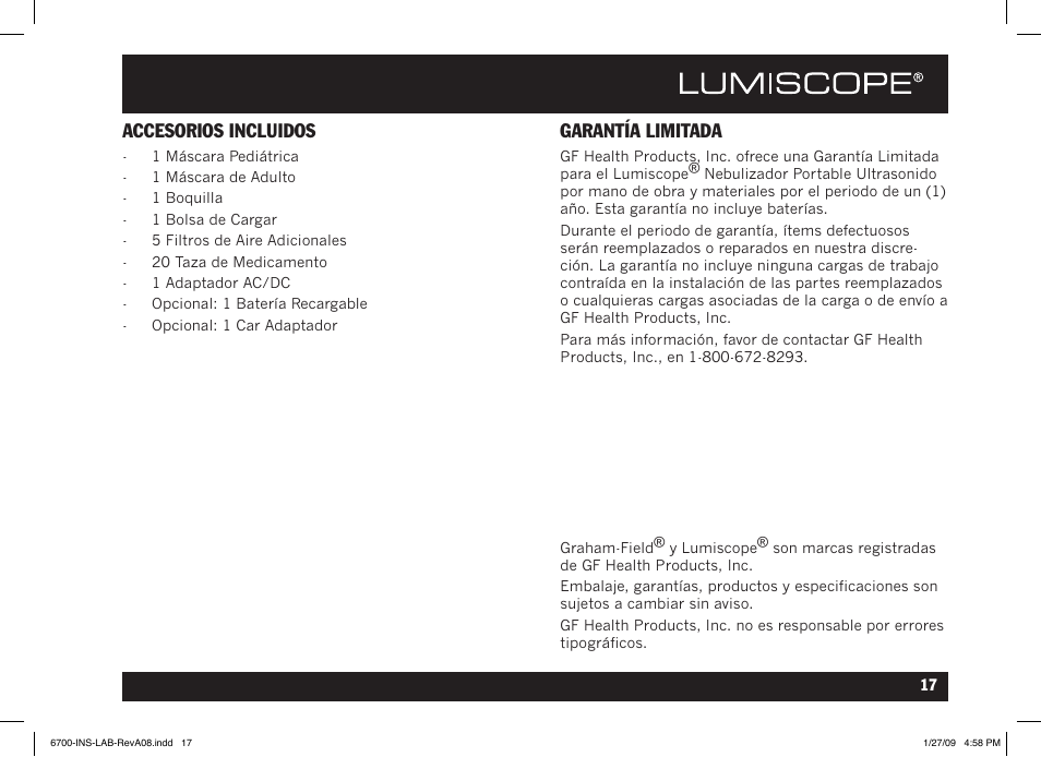 Accesorios incluidos, Garantía limitada | Lumiscope 6700 User Manual | Page 35 / 36