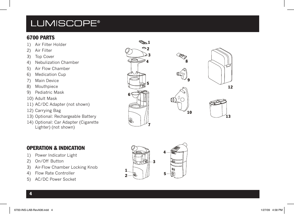 6700 parts, Operation & indication | Lumiscope 6700 User Manual | Page 4 / 36