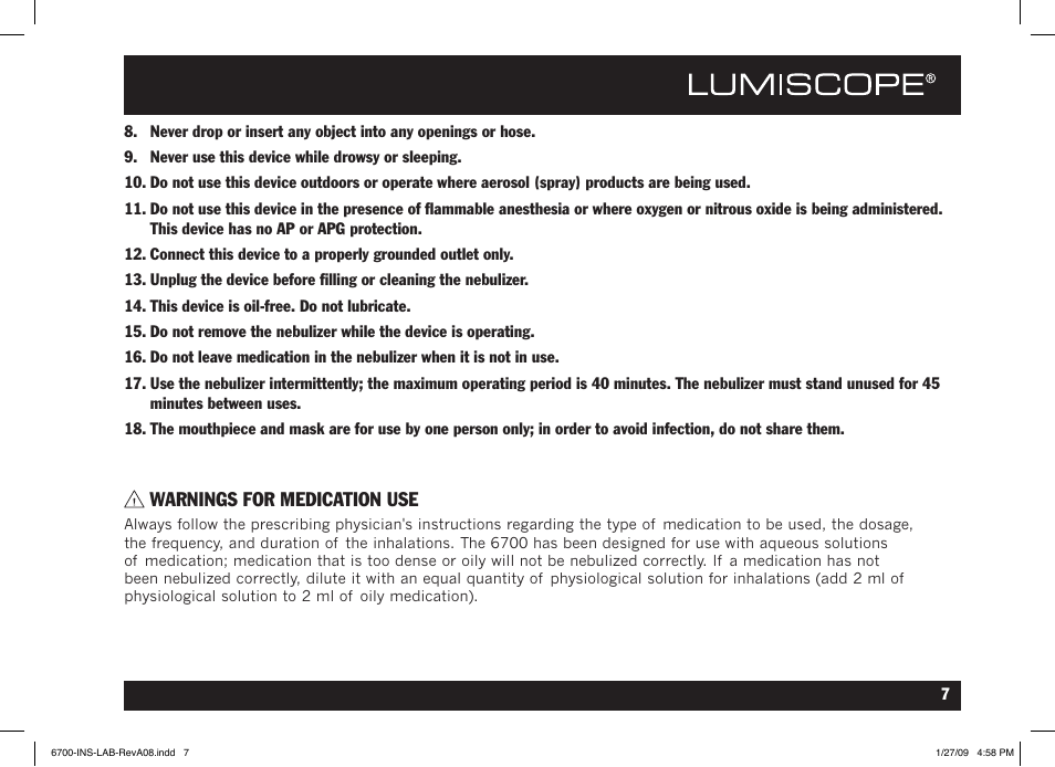 Warnings for medication use | Lumiscope 6700 User Manual | Page 7 / 36