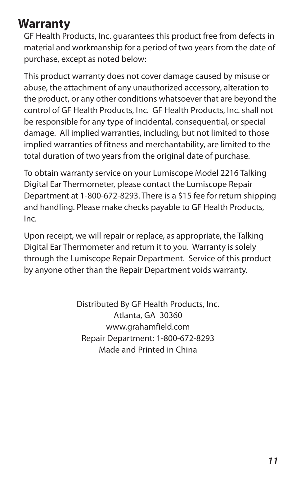 Warranty | Lumiscope 2216 User Manual | Page 11 / 12