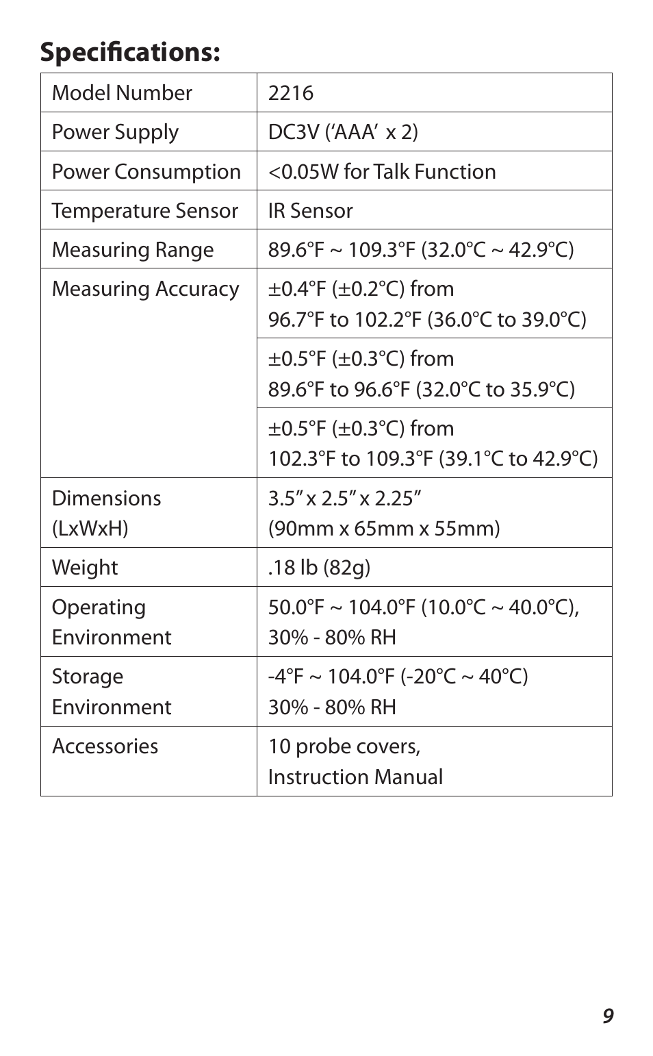 Specifications | Lumiscope 2216 User Manual | Page 9 / 12