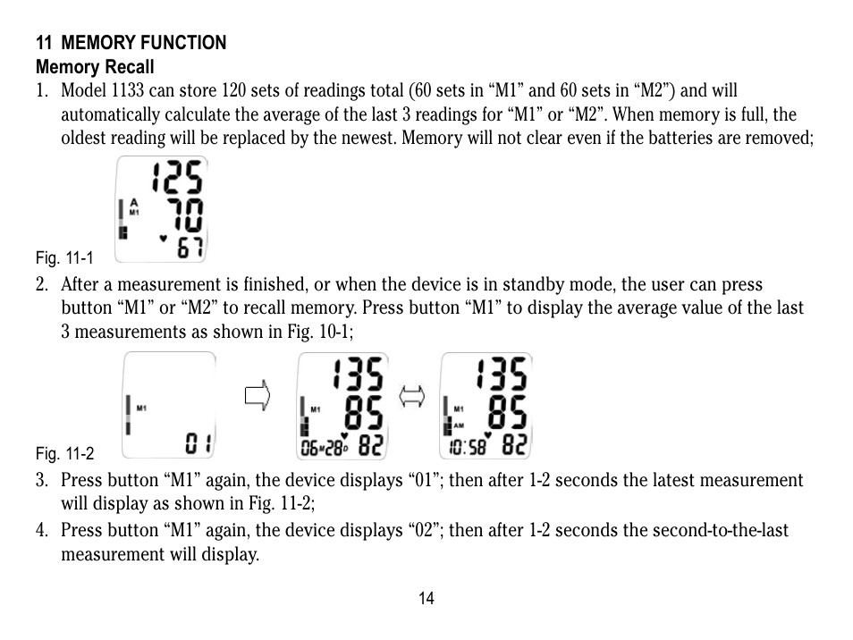 11 memory function, Memory recall | Lumiscope 1133 User Manual | Page 14 / 48