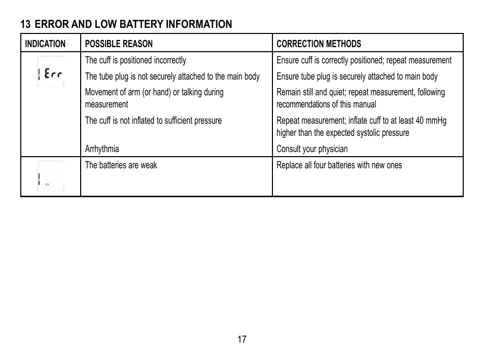 13 error and low battery information | Lumiscope 1133 User Manual | Page 17 / 48