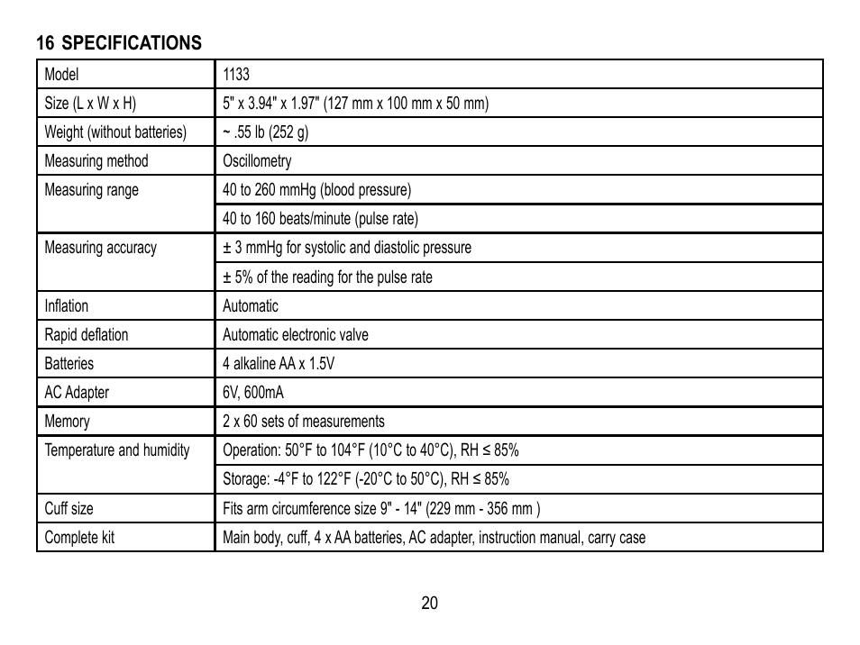 16 specifications | Lumiscope 1133 User Manual | Page 20 / 48