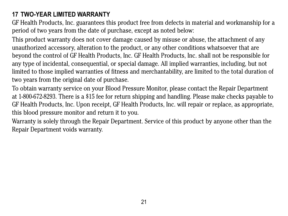 17 two-year limited warranty | Lumiscope 1133 User Manual | Page 21 / 48