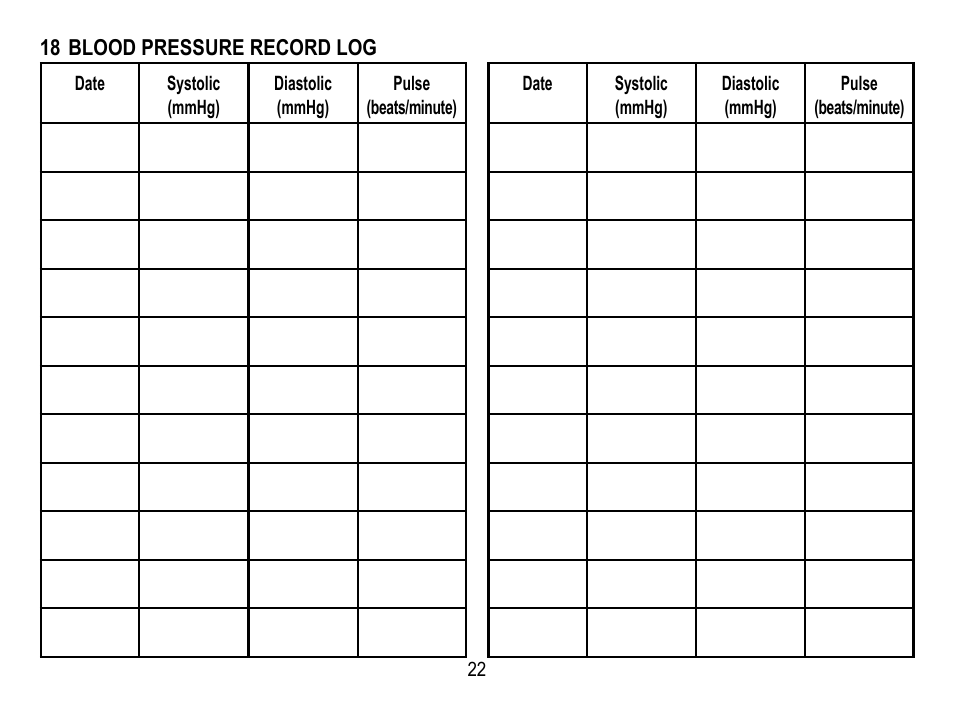 18 blood pressure record log | Lumiscope 1133 User Manual | Page 22 / 48