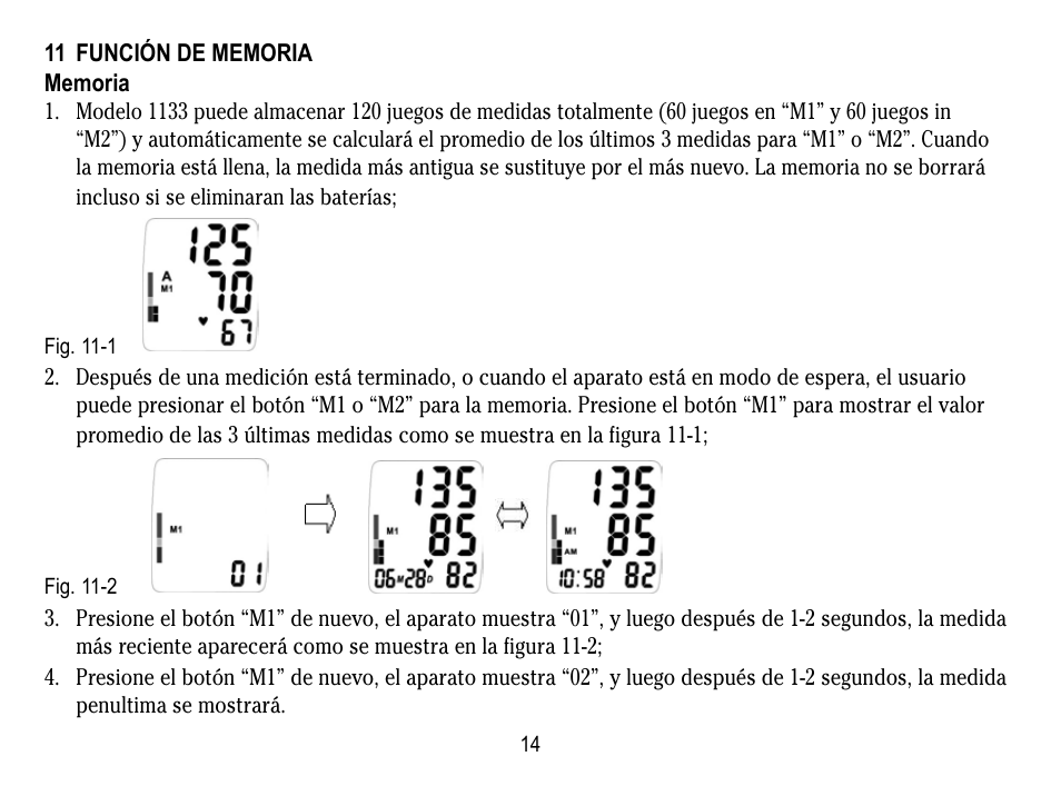 11 función de memoria, Memoria | Lumiscope 1133 User Manual | Page 38 / 48