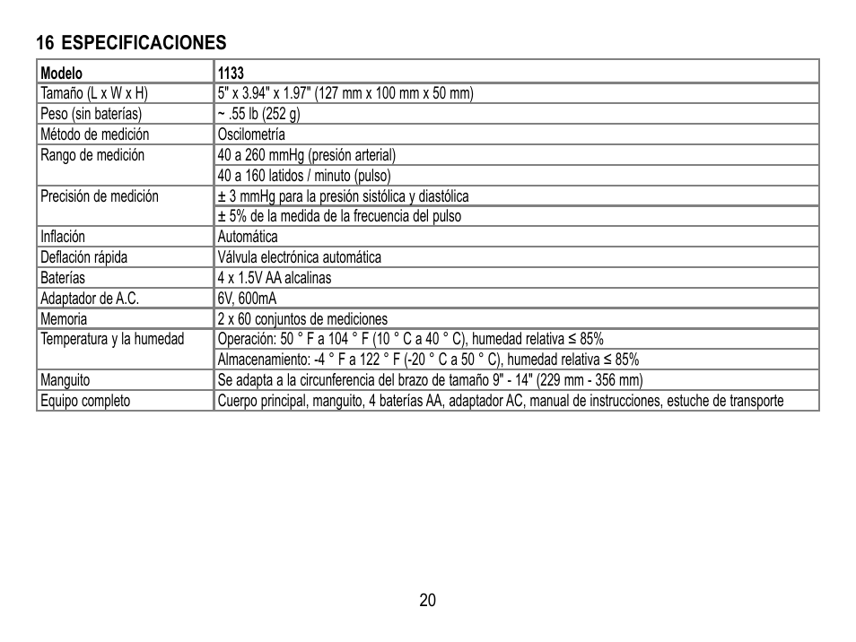 16 especificaciones | Lumiscope 1133 User Manual | Page 44 / 48