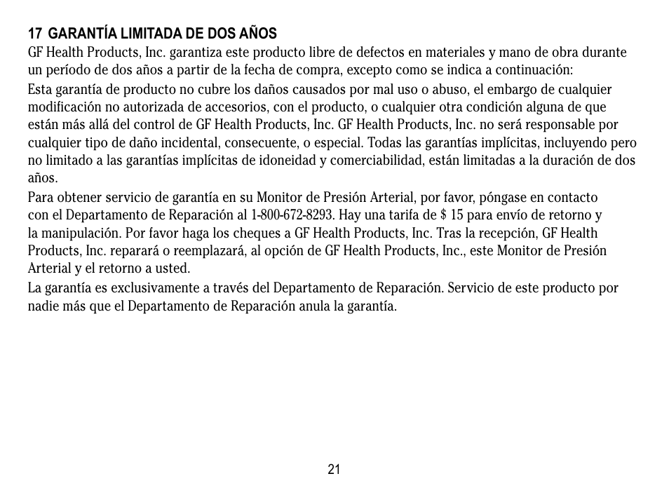 17 garantía limitada de dos años | Lumiscope 1133 User Manual | Page 45 / 48